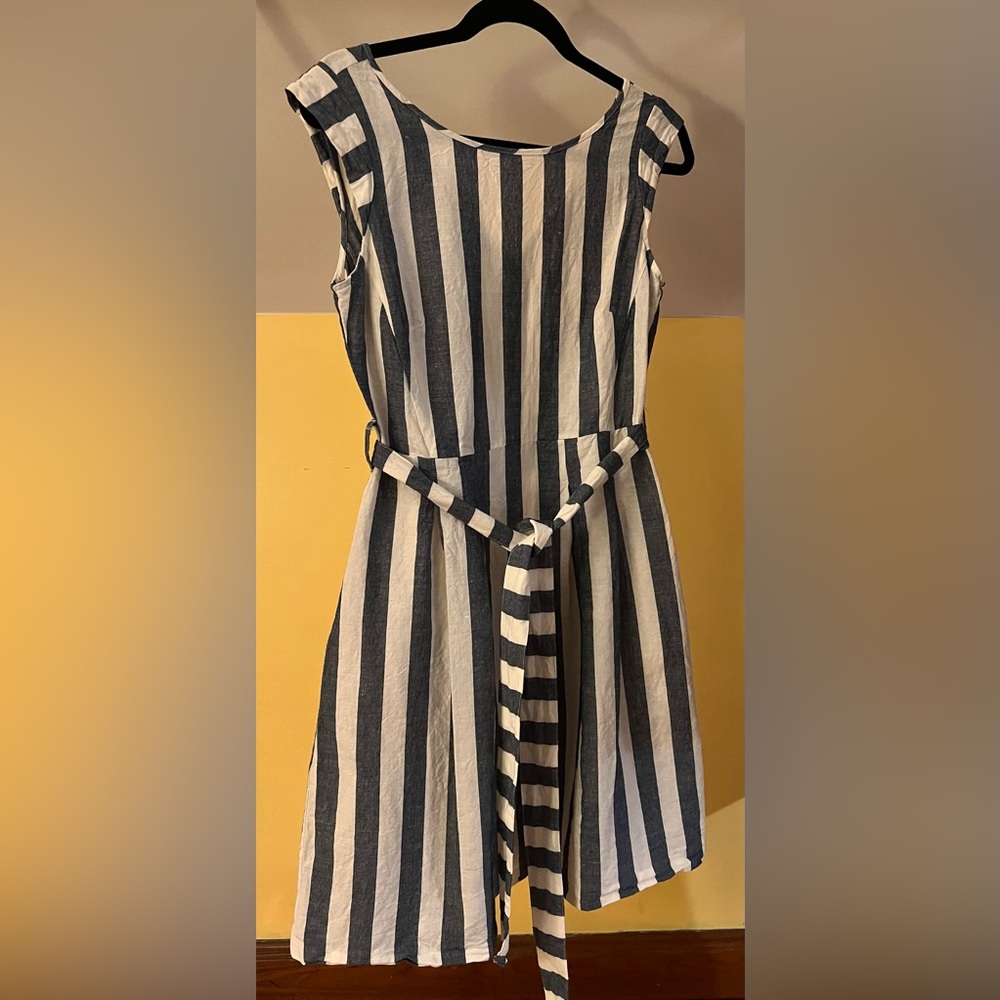 French brand Derhy Striped Blue and White Linen/Cotton Dress